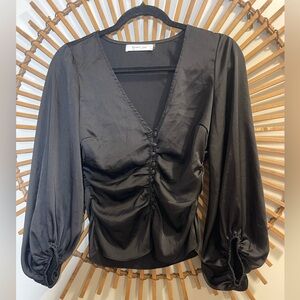 Mustard Seed Women’s Black Satin Balloon Slv Top Button Down Ruched Glam